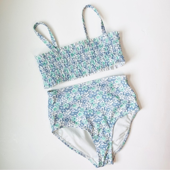 Gap Kids Microfloral Blue and Green Smocked high Waisted Swimsuit - Picture 1 of 6